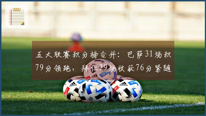 五大联赛积分榜合并：巴萨31场积79分领跑，拜仁29场收获76分紧随其后